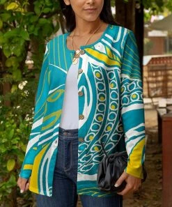 Lily | Teal & Yellow Abstract Jewel Collar Cardigan - Women & Plus