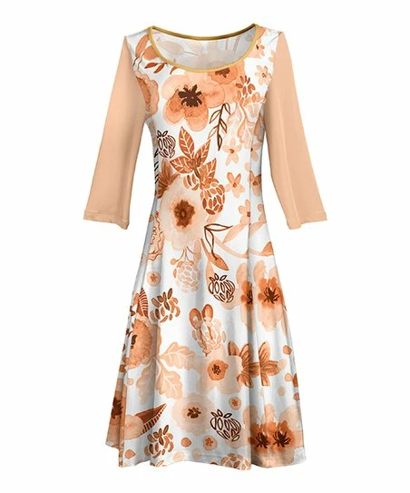 Lily | White & Orange Floral Three-Quarter Sleeve A-Line Dress - Women & Plus 1 Lily | White & Orange Floral Three-Quarter Sleeve A-Line Dress - Women & Plus