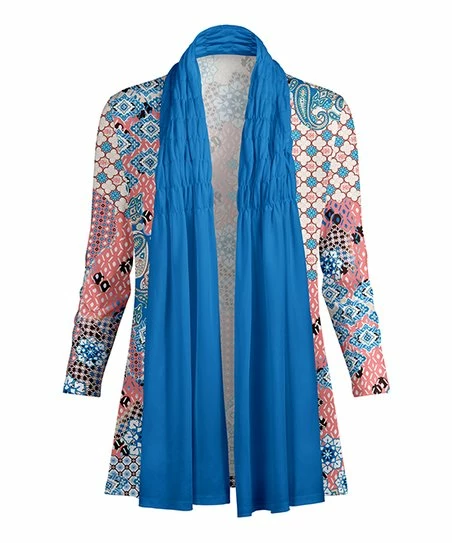 Lily | Blue & Pink Geometric Drape-Front Open Cardigan - Women & Plus 1 Lily | Blue & Pink Geometric Drape-Front Open Cardigan - Women & Plus