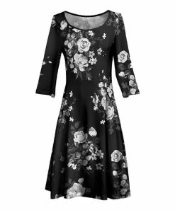 Lily | Black & Gray Floral Three-Quarter Sleeve A-Line Dress - Women & Plus
