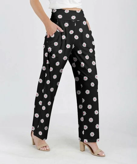 Lily | Black & White Daisy High-Waist Wide-Leg Pants - Women & Plus 1 Lily | Black & White Daisy High-Waist Wide-Leg Pants - Women & Plus