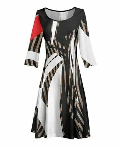 Lily | Black & Beige Abstract Three-Quarter Sleeve A-Line Dress - Women & Plus
