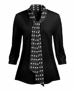 Lily | Black & Gray Polka Dot Tie-Neck Three Quarter-Sleeve Tunic - Women & Plus