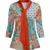 Lily | Rust & Aqua Geometric Floral Tie-Neck Three Quarter-Sleeve Tunic - Women & Plus