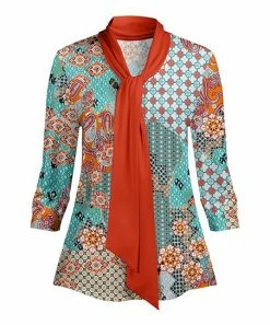 Lily | Rust & Aqua Geometric Floral Tie-Neck Three Quarter-Sleeve Tunic - Women & Plus