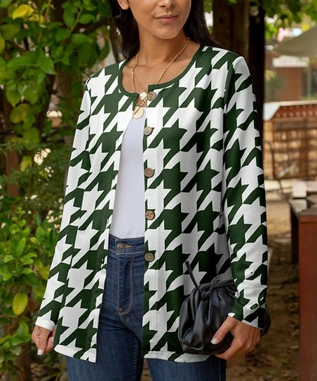 Lily | Green & White Houndstooth Jewel Collar Cardigan - Women & Plus 1 Lily | Green & White Houndstooth Jewel Collar Cardigan - Women & Plus