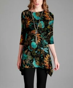 Lily | Teal & Black Floral Boatneck Handkerchief Tunic - Plus