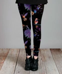 Lily | Black & Purple Hummingbird & Flowers Leggings - Women