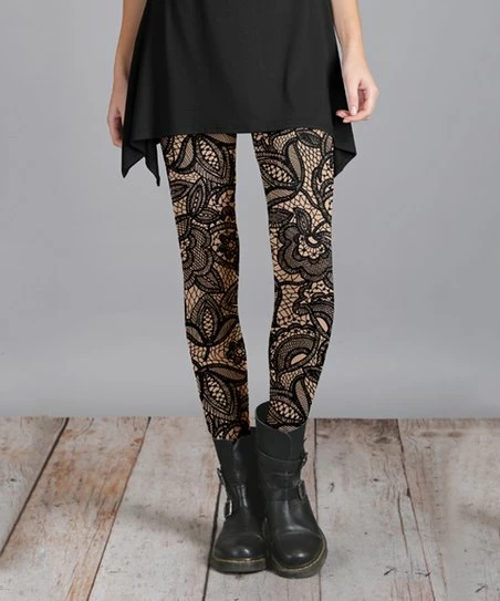 Lily | Black & Beige Mesh-Pattern Leggings - Women 1 Lily | Black & Beige Mesh-Pattern Leggings - Women