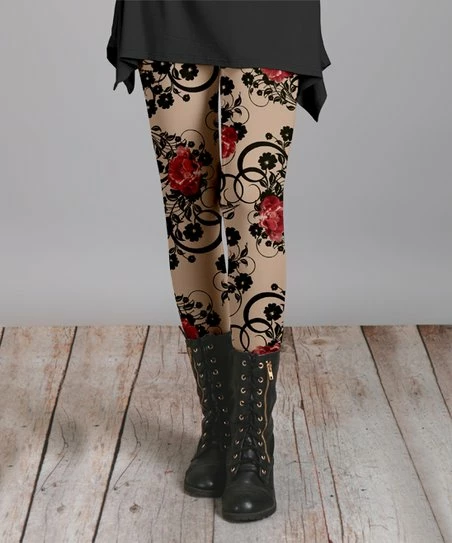 Lily | Beige & Black Rose Scroll Leggings - Women & Plus 1 Lily | Beige & Black Rose Scroll Leggings - Women & Plus