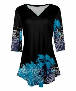 Lily | Blue & Black Three-Quarter Sleeve V-Neck Tunic - Plus