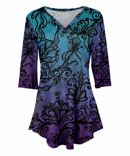 Lily | Purple & Teal Filigree Three-Quarter Sleeve V-Neck Tunic - Plus 1 Lily | Purple & Teal Filigree Three-Quarter Sleeve V-Neck Tunic - Plus