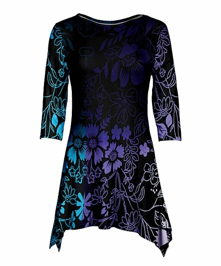 Lily | Black & Purple Floral Three-Quarter Sleeve Sidetail Tunic - Women & Plus 1 Lily | Black & Purple Floral Three-Quarter Sleeve Sidetail Tunic - Women & Plus