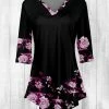 Lily | Black & Pink Floral Three-Quarter Sleeve V-Neck Tunic - Women & Plus
