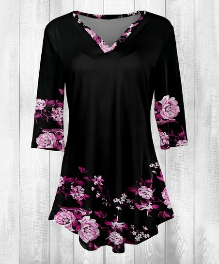 Lily | Black & Pink Floral Three-Quarter Sleeve V-Neck Tunic - Women & Plus 1 Lily | Black & Pink Floral Three-Quarter Sleeve V-Neck Tunic - Women & Plus