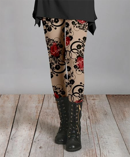 Lily | Beige & Black Scrolled Floral Leggings - Women 1 Lily | Beige & Black Scrolled Floral Leggings - Women