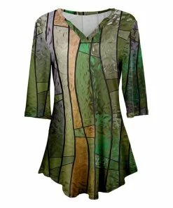 Lily | Green & Gold Abstract Three-Quarter Sleeve V-Neck Tunic - Women & Plus