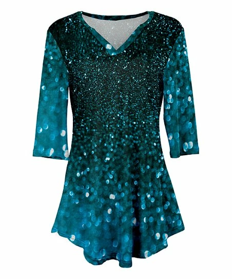 Lily | Teal & White Abstract Three-Quarter Sleeve V-Neck Tunic - Women & Plus 1 Lily | Teal & White Abstract Three-Quarter Sleeve V-Neck Tunic - Women & Plus