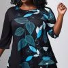 Lily | Black & Blue Leaf Outlines Three-Quarter Sleeve Tunic - Women & Plus