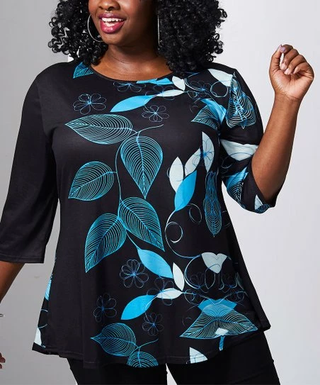Lily | Black & Blue Leaf Outlines Three-Quarter Sleeve Tunic - Women & Plus 1 Lily | Black & Blue Leaf Outlines Three-Quarter Sleeve Tunic - Women & Plus