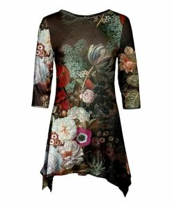 Lily | Brown & White Floral Three-Quarter Sleeve Sidetail Tunic - Women & Plus
