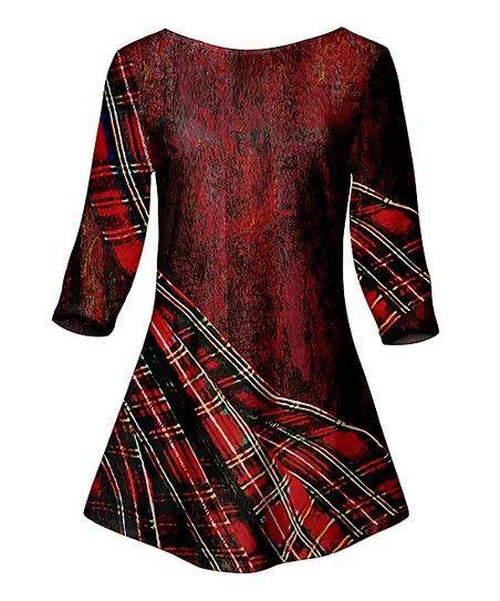 Lily | Red Abstract Plaid Three-Quarter Sleeve Tunic - Women & Plus 1 Lily | Red Abstract Plaid Three-Quarter Sleeve Tunic - Women & Plus