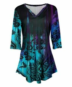 Lily | Purple & Blue Abstract Paisley Three-Quarter Sleeve V-Neck Tunic - Women