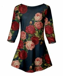 Lily | Blue & Red Floral Three-Quarter Sleeve Boatneck Tunic - Plus