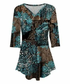 Lily | Turquoise & Brown Floral Three-Quarter Sleeve V-Neck Tunic - Women & Plus
