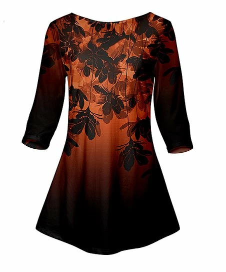 Lily | Orange & Black Floral Three-Quarter Sleeve Tunic - Women 1 Lily | Orange & Black Floral Three-Quarter Sleeve Tunic - Women