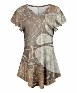 Lily | Beige & Brown Floral Flutter-Sleeve V-Neck Tunic - Women