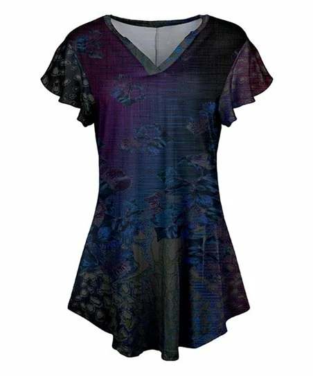 Lily | Purple & Gray Floral Crosshatch Flutter-Sleeve V-Neck Tunic - Women 1 Lily | Purple & Gray Floral Crosshatch Flutter-Sleeve V-Neck Tunic - Women
