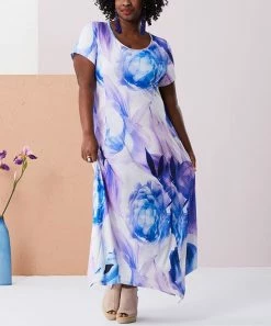 Lily | Purple Floral Short-Sleeve Handkerchief Maxi Dress - Women & Plus