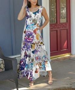 Lily | White & Purple Abstract Sleeveless Handkerchief Maxi Dress - Women & Plus