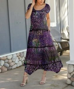 Lily | Purple Abstract Jungle Short-Sleeve Handkerchief Maxi Dress - Women & Plus