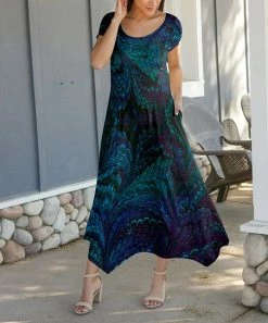 Lily | Blue & Purple Peacock Short-Sleeve Handkerchief Maxi Dress - Women & Plus