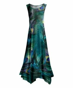 Lily | Teal & Blue Peacock Sleeveless Handkerchief Maxi Dress - Women & Plus