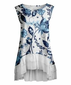 Lily | White & Blue Floral Ruffle-Hem Hi-Low Tunic - Women