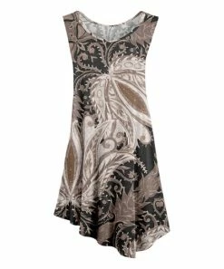 Lily | Taupe & Charcoal Paisley Floral Sleeveless Asymmetrical Tunic - Women