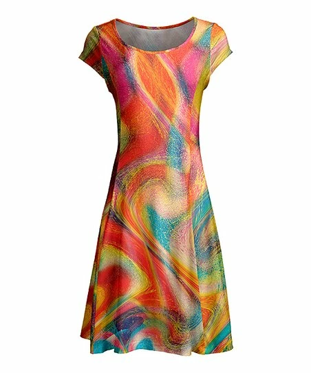 Lily | Red & Yellow Abstract Swirl Cap-Sleeve Dress - Women & Plus 1 Lily | Red & Yellow Abstract Swirl Cap-Sleeve Dress - Women & Plus
