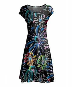 Lily | Black Floral Sketch Cap-Sleeve Dress - Women & Plus