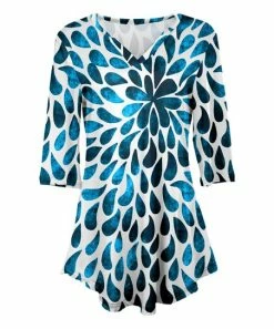 Lily | White & Blue Drops Three-Quarter Sleeve V-Neck Tunic - Women