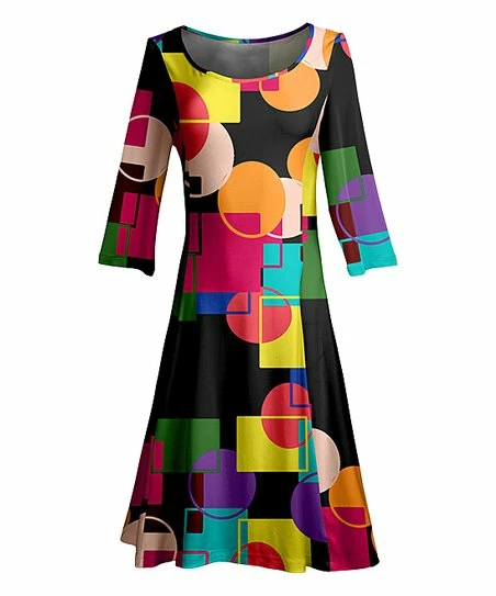 Lily | Black & Yellow Three-Quarter Sleeve A-Line Dress - Women & Plus 1 Lily | Black & Yellow Three-Quarter Sleeve A-Line Dress - Women & Plus