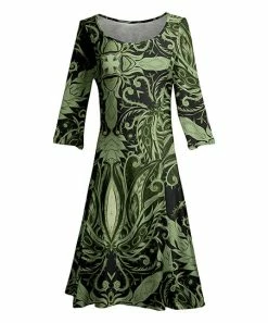 Lily | Black & Olive Geometric Three-Quarter Sleeve A-Line Dress - Women