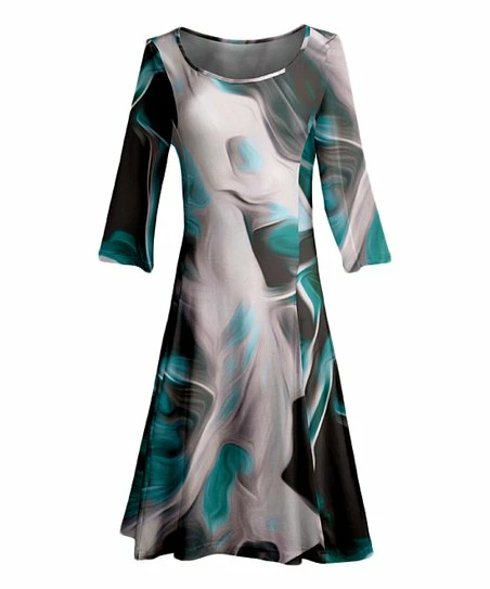 Lily | Teal & Gray Three-Quarter Sleeve A-Line Dress - Women & Plus 1 Lily | Teal & Gray Three-Quarter Sleeve A-Line Dress - Women & Plus