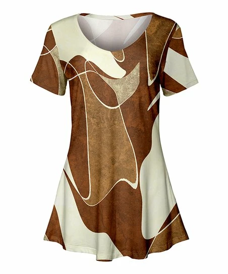 Lily | Brown & White Abstract V-Neck Swing Tunic - Plus 1 Lily | Brown & White Abstract V-Neck Swing Tunic - Plus