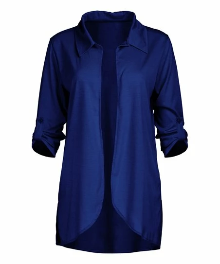 Lily | Blue Collared Roll-Tab Sleeve Open Cardigan - Women & Plus 1 Lily | Blue Collared Roll-Tab Sleeve Open Cardigan - Women & Plus