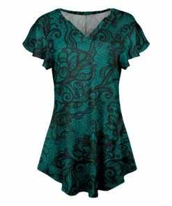 Lily | Turquoise & Black Floral Outline Flutter-Sleeve Tunic - Women