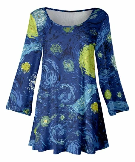 Lily | Blue & Yellow Starry Nights Three-Quarter Sleeve Swing Tunic - Women 1 Lily | Blue & Yellow Starry Nights Three-Quarter Sleeve Swing Tunic - Women