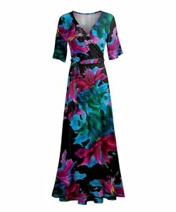Lily | Black Floral Half Sleeve Wrap Maxi Dress - Women & Plus